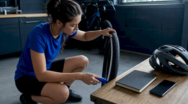 Vrouw controleert de maat van haar e-bike buitenband aan de keukentafel