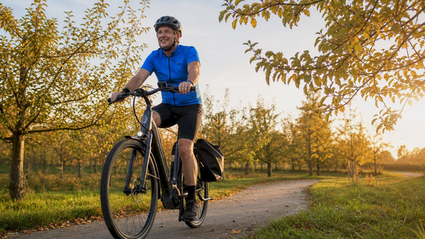 Een man fietst op zijn e-bike door het Hollandse landschap.