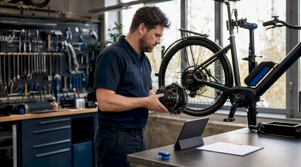 Een monteur geeft de motor van een e-bike een grondige onderhoudsbeurt.