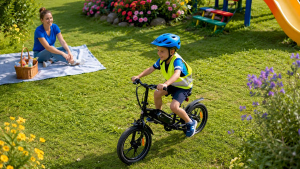 Kind geniet veilig van een ritje op een elektrische fiets buiten