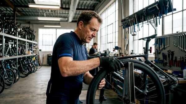 In de fietsenwinkel is een man bezig om een tubeless band op zijn fiets te zetten.