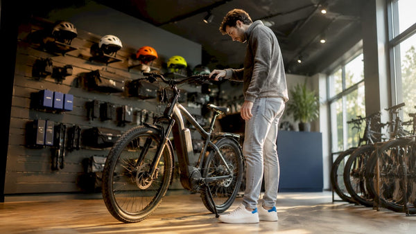 Man bekijkt motor van elektrische fiets in fietsenwinkel