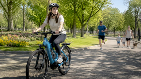 Een vrouw fietst rustig en verantwoord op haar e-bike door de buurt.