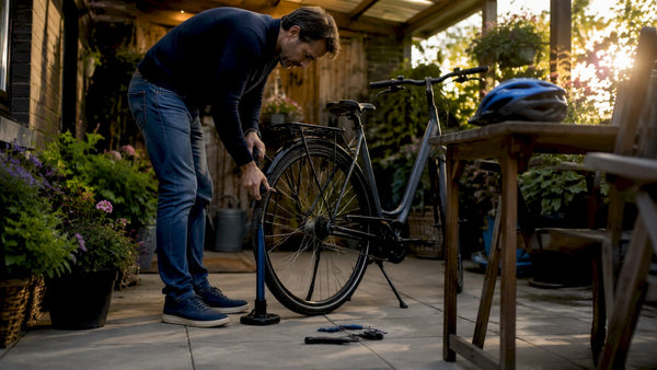 In de achtertuin staat een man rustig zijn fietsband op te pompen.