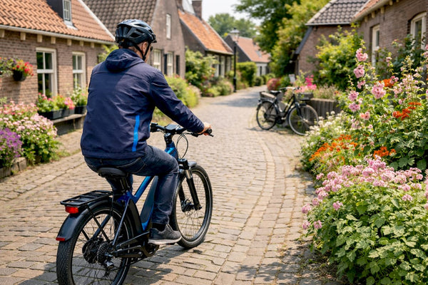 Man rijdt op e-bike door een rustige woonwijk