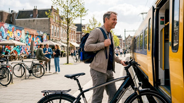 Een man staat met zijn e-bike op het perron van het treinstation.