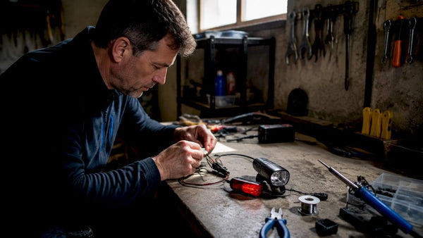 Een man sluit de verlichting van zijn e-bike aan op de werkbank.