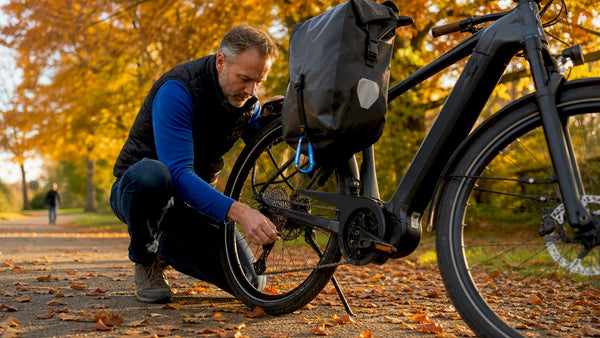 Man kijkt de derailleur van zijn e-bike na