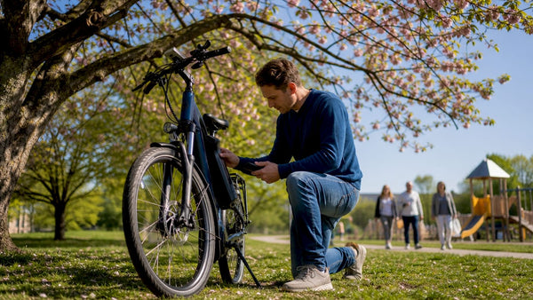 Een man bekijkt aandachtig de accu van een tweedehands elektrische fiets om te controleren of deze nog in goede staat is.