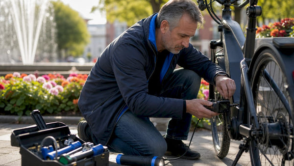 Een man controleert buiten de banden van zijn e-bike.