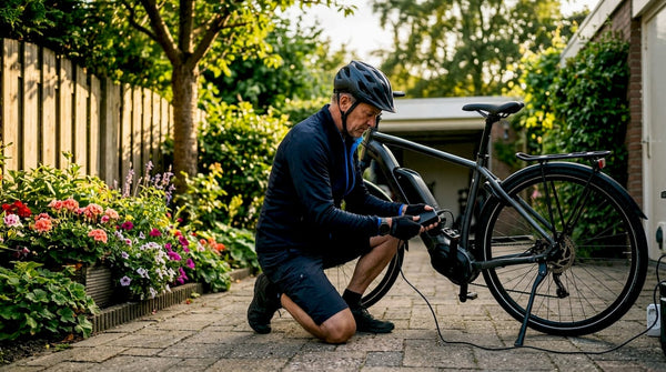 Een man die buiten zijn e-bike aan het opladen is.